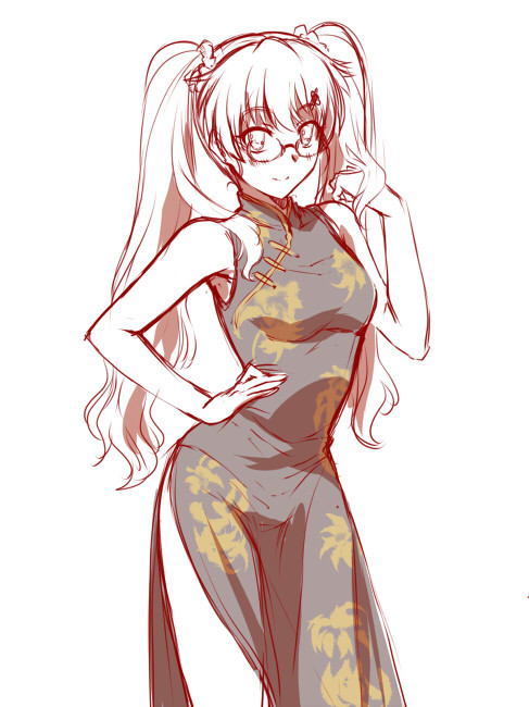 「見たい」とリプライされたらチャイナ服の格好で眼鏡を装備している空見の絵を描きましょう。 http://shindanmaker.com/91748　描いたー_(:3」∠)_