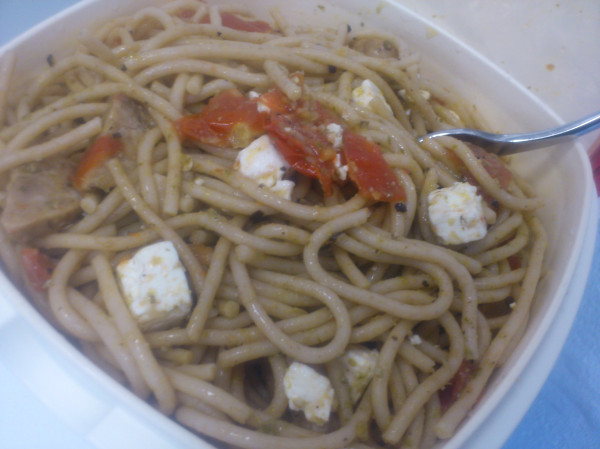 Tastes better than it looks: #whatsforlunch spaghetti with tomatoes, feta &amp; sausage. (Martin had a sandwich...)