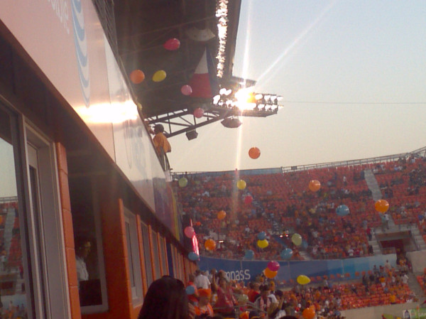 Fans release rainbow balloons post anthem in Houston.  