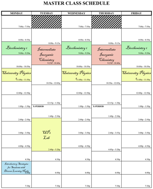 Alternate schedule. No classes back-to-back. 13 hours total