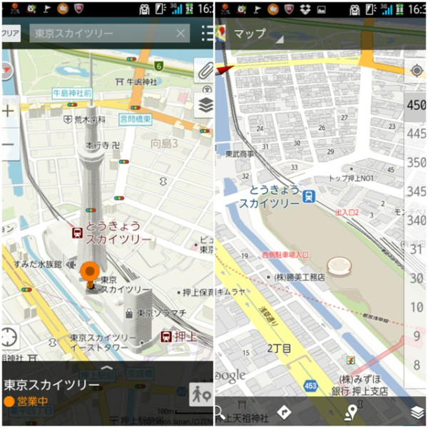 東京スカイツリー、450階もあるのか(´Д` ) Android標準マップアプリではフロアマップを表示。Yahoo!地図アプリでは3Dオブジェクト化。比較スクリーンショット画像。