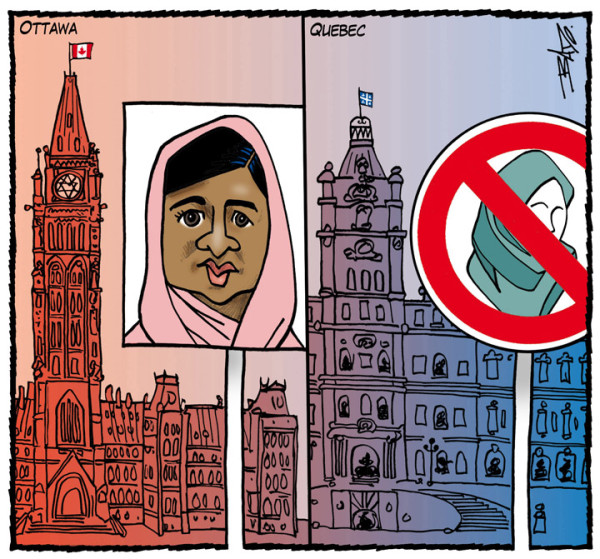 Thursday's cartoon: the #hijab as seen from Ottawa and Quebec. #sft #cdnpoli #qcpoli