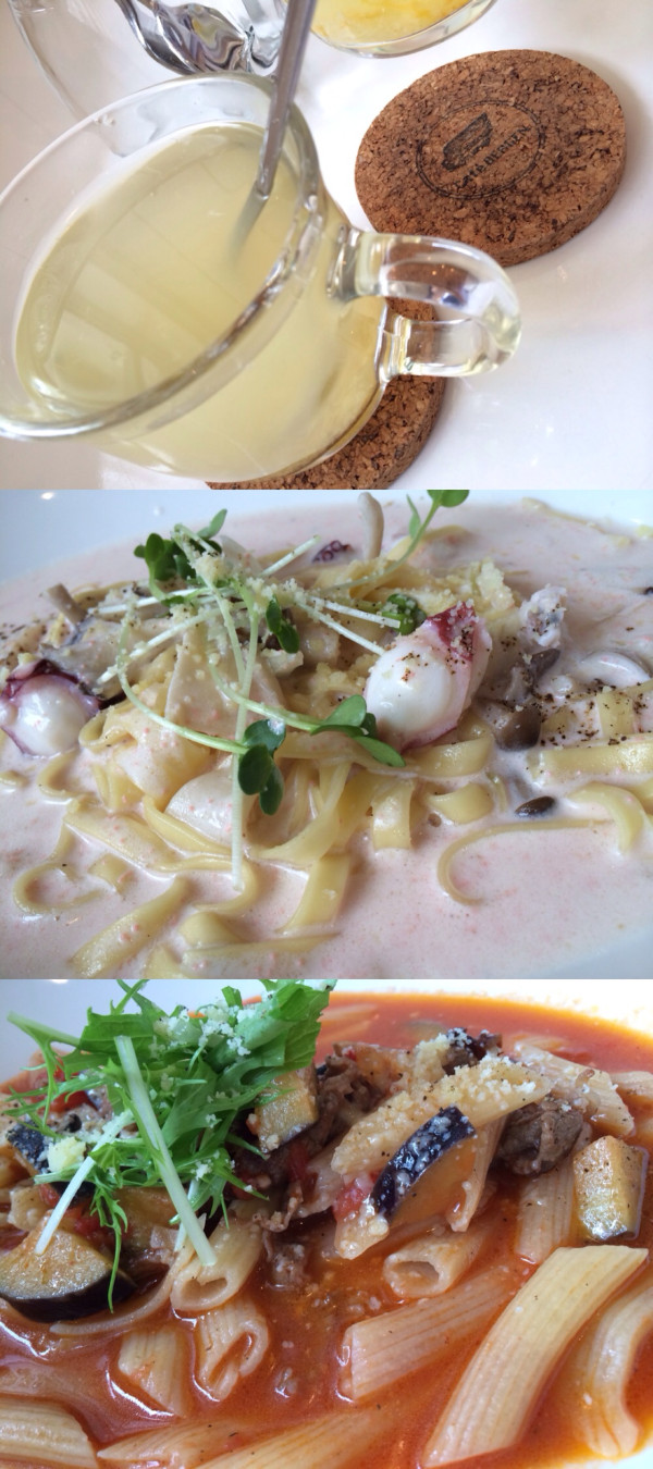 タコとキノコのクリームソースパスタ, 和牛と茄子のトマトソースペンネ, ゆず茶 at Cafe BERGEN