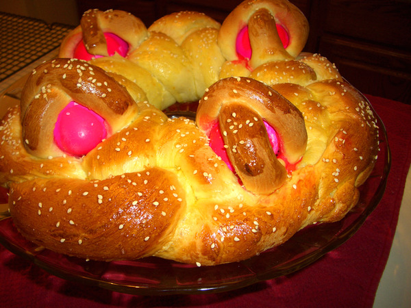 Easter Bread - see FB for full details. Red eggs represent the blood of Christ.  The crosses represent the crucifix.