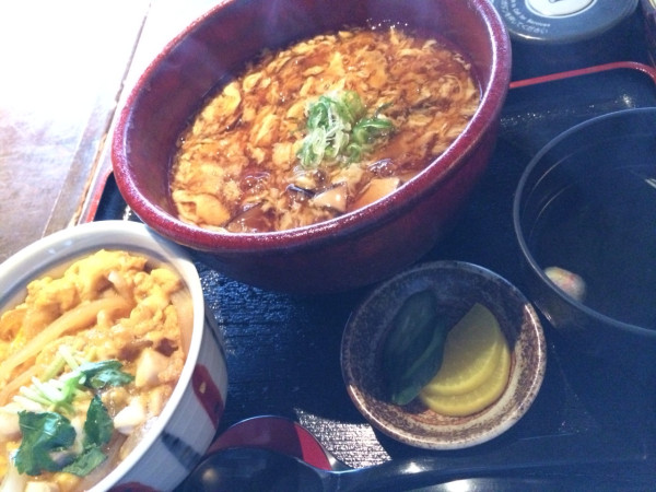 しいたけ かき玉蕎麦 and 親子丼 at 猪口猪口 