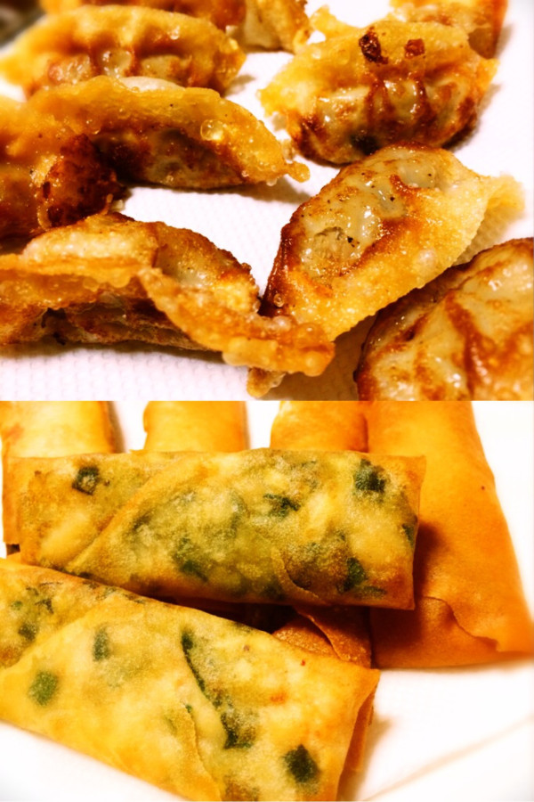 チルド焼き餃子を揚げ餃子にしてみたり。あと、海鮮春巻。