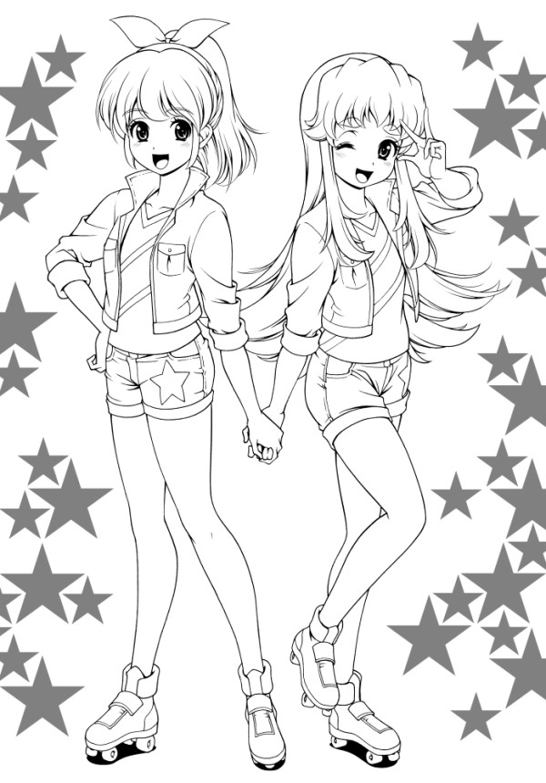 ハピネスチャージプリキュア！の愛乃めぐみと白雪ひめを描きました。線画の段階です。（つけペン、CLIP STUDIO PAINT使用）