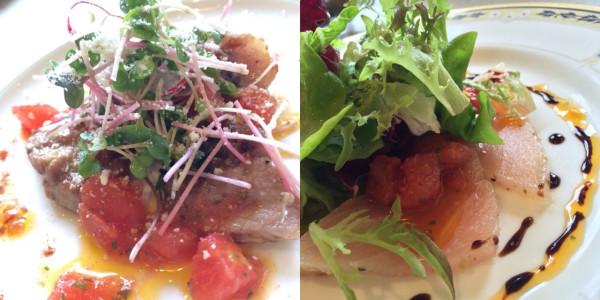 前菜に、もち豚のグリルと、黒皮カジキのカルパッチョ。 at Trattoria Cortile トラットリア コルティーレ
