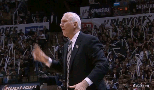 GIF: Gregg Popovich mocks officials for indecision on an out of bounds call (req @calebjsaenz @KennethFerguson)