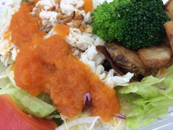 野菜ドレで食べる！ 奥三河どりのサラダ 222kcal 蛋白質17.3g 380円