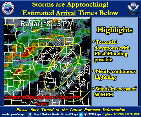 Storms are approaching! Here's an updated Time of Arrival graphic. Heavy rain and nearly continuous lightning are likely