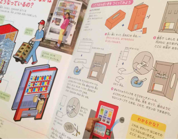 「じどうはんばいきのなかはどうなっているの？」自動販売機の仕組み。

「じどうはんばいきをつくってみよう」ティッシュペーパーの空きばこで工作。

よのなかの図鑑 小学館の子ども図鑑 プレNEO 楽しく遊ぶ学ぶ
