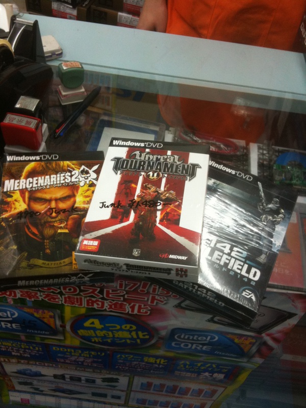 クレバリー1号店で販売中のジャンク扱いPCゲーム。アンリアルトーナメント3が1,480円、バトルフィールド2142(ブースターパック付き)が1,280円など。